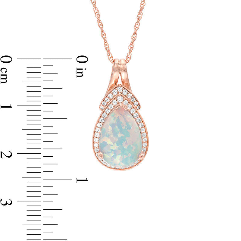 Pear-Shaped Lab-Created Opal and White Sapphire Frame and "V"-Top Pendant in Sterling Silver with 14K Rose Gold Plate