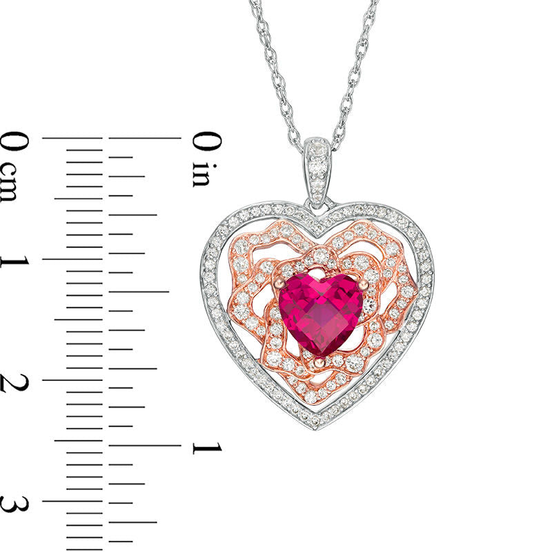 7.0mm Lab-Created Ruby and White Sapphire Heart Pendant in Sterling Silver and 14K Rose Gold Plate