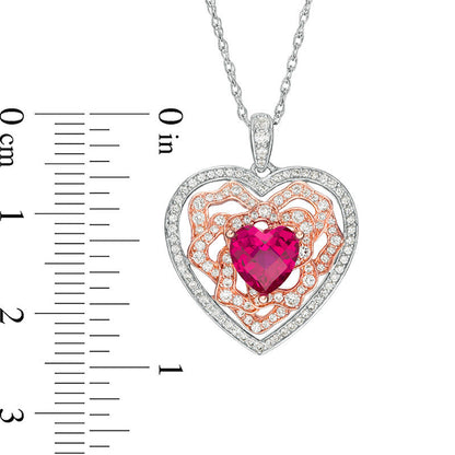 7.0mm Lab-Created Ruby and White Sapphire Heart Pendant in Sterling Silver and 14K Rose Gold Plate