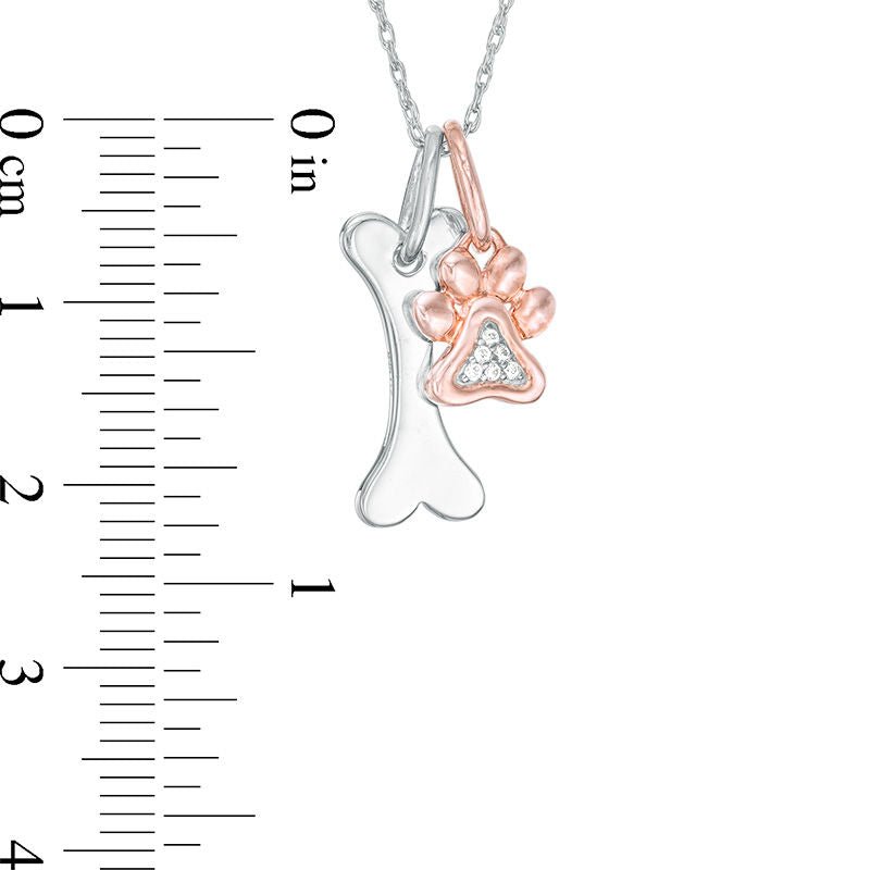 Natural Diamond Accent Paw Print and Dog Bone Pendant in Sterling Silver and 14K Rose Gold Plate