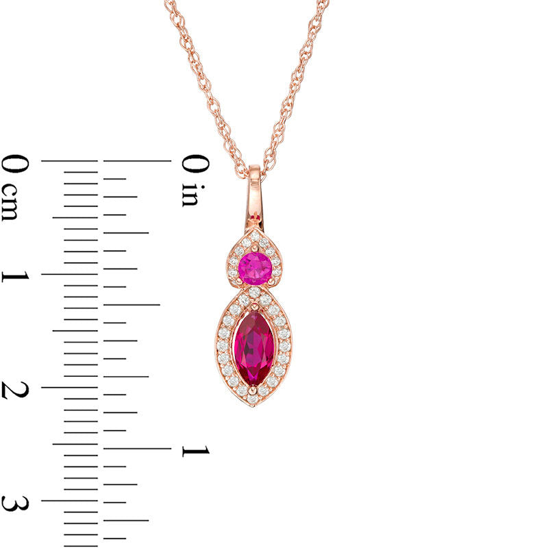 Lab-Created Ruby and White Sapphire Frame Duo Pendant in Sterling Silver with 14K Rose Gold Plate