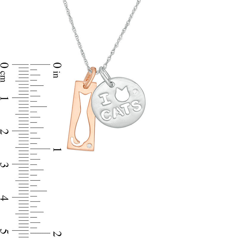 Natural Diamond Accent Cut-Out Cat Rectangle and "I Heart CATS" Disc Pendant in Sterling Silver and 14K Rose Gold Plate