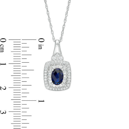 Oval Lab-Created Blue and White Sapphire Cushion Frame Pendant in Sterling Silver