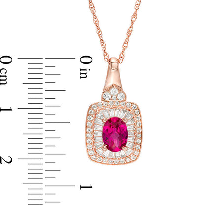 Oval Lab-Created Ruby and White Sapphire Cushion Frame Pendant in Sterling Silver with 14K Rose Gold Plate