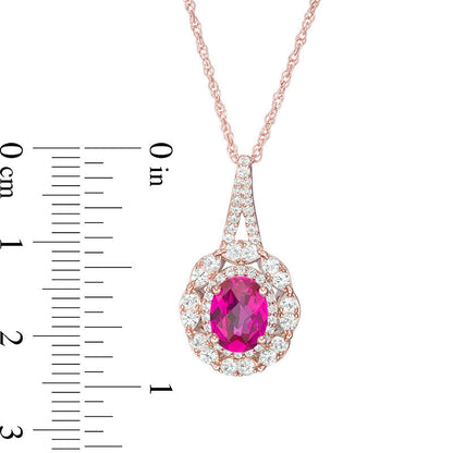 Oval Lab-Created Ruby and White Sapphire Double Frame Pendant in Sterling Silver with 14K Rose Gold Plate