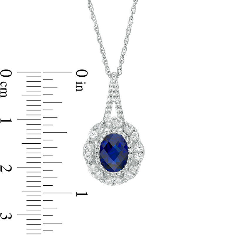 Oval Lab-Created Blue and White Sapphire Double Frame Pendant in Sterling Silver