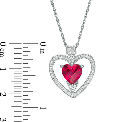 8.0mm Lab-Created Ruby and White Sapphire Heart with Arrow Pendant in Sterling Silver