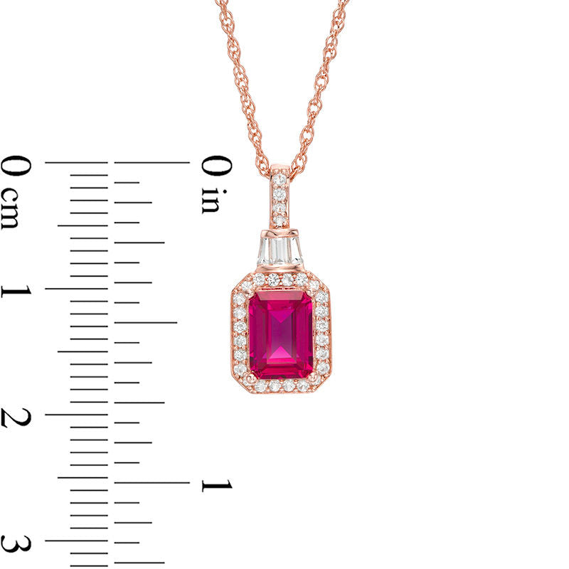 Emerald-Cut Lab-Created Ruby and 0.2 CT. T.W. Diamond Frame Pendant in 10K Rose Gold