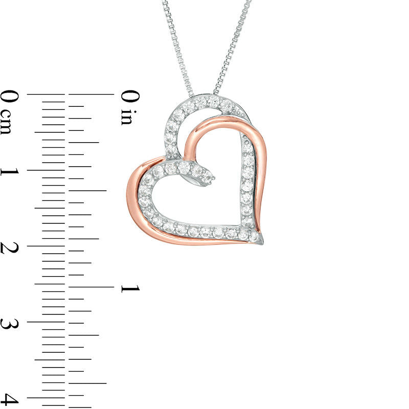Lab-Created White Sapphire Looping Double Heart Pendant in Sterling Silver and 10K Rose Gold