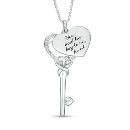 0.13 CT. T.W. Natural Diamond Love Message Disc and Heart-Top Key Pendant in Sterling Silver