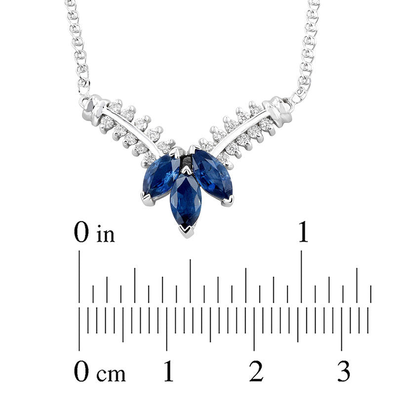 Marquise Blue Sapphire and 0.25 CT. T.W. Natural Diamond Three Stone Floral "V" Necklace in 14K White Gold - 17.25"