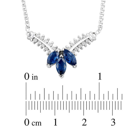 Marquise Blue Sapphire and 0.25 CT. T.W. Natural Diamond Three Stone Floral "V" Necklace in 14K White Gold - 17.25"
