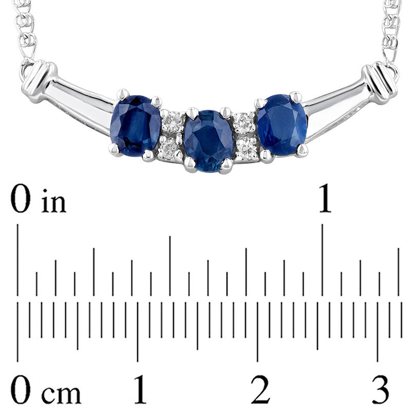 Oval Blue Sapphire and 0.07 CT. T.W. Natural Diamond Three Stone Curved Bar Necklace in 14K White Gold - 17.25"