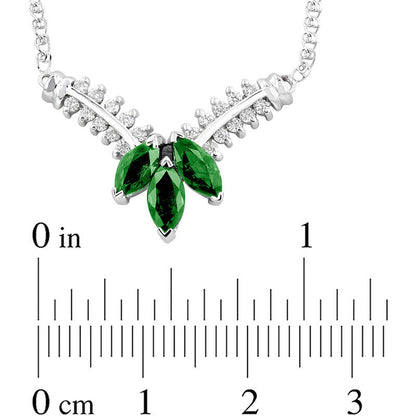 Marquise Emerald and 0.25 CT. T.W. Natural Diamond Three Stone Floral "V" Necklace in 14K White Gold - 17.25"