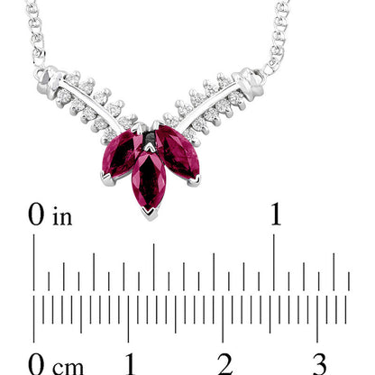 Marquise Ruby and 0.25 CT. T.W. Natural Diamond Three Stone Floral "V" Necklace in 14K White Gold - 17.25"