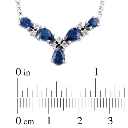 Pear-Shaped Blue Sapphire and 0.13 CT. T.W. Natural Diamond Five Stone "V" Necklace in 14K White Gold - 17.125"