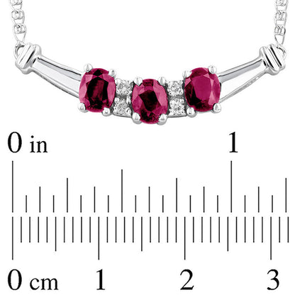 Oval Ruby and 0.07 CT. T.W. Natural Diamond Three Stone Curved Bar Necklace in 14K White Gold - 17.25"