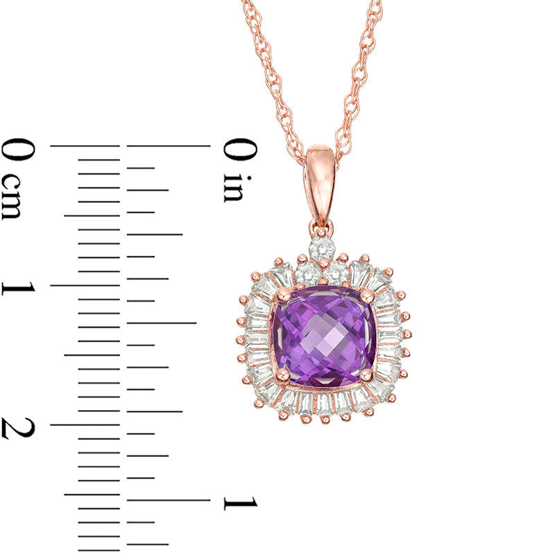 Cushion-Cut Amethyst and Lab-Created White Sapphire Sunburst Frame Pendant in Sterling Silver with 14K Rose Gold Plate