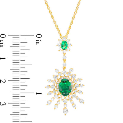 Oval Lab-Created Emerald and White Sapphire Sunburst Pendant in Sterling Silver with 14K Gold Plate