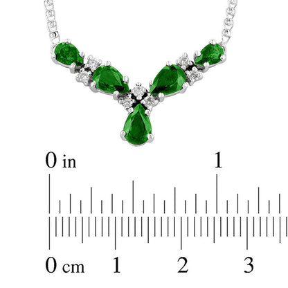 Pear-Shaped Emerald and 0.13 CT. T.W. Natural Diamond Five Stone "V" Necklace in 14K White Gold - 17.125"