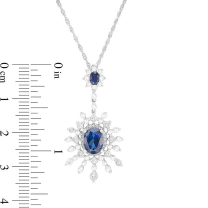 Oval Lab-Created Blue and White Sapphire Sunburst Pendant in Sterling Silver