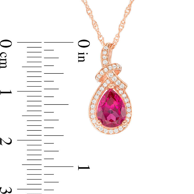 Pear-Shaped Ruby and 0.17 CT. T.W. Natural Diamond Frame Loop Knot Pendant in 10K Rose Gold