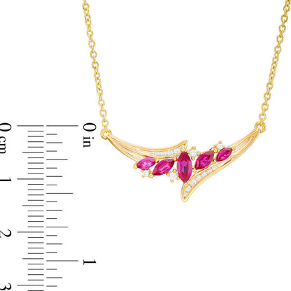 Marquise Lab-Created Ruby and White Sapphire Five Stone Bypass Necklace in Sterling Silver with 14K Gold Plate - 15.75"