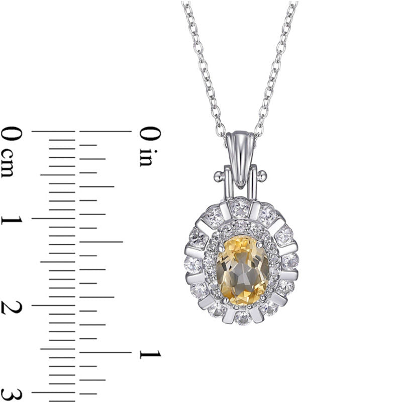 Oval Citrine and Lab-Created White Sapphire Double Scallop Frame Pendant in Sterling Silver