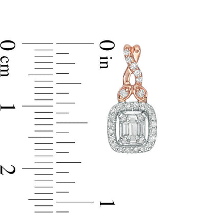 0.5 CT.T.W. Composite Diamond Cushion Frame Petal-Topped Twist Drop Earrings in 10K Two-Tone Gold