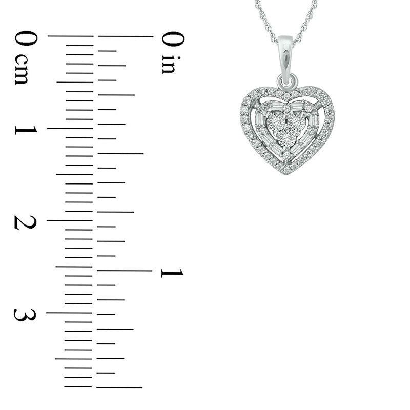0.17 CT. T.W. Baguette and Round Natural Diamond Heart Frame Pendant in 10K White Gold