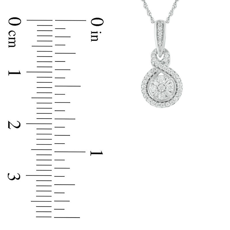 0.2 CT. T.W. Baguette and Round Natural Diamond Frame Twist Pendant in 10K White Gold