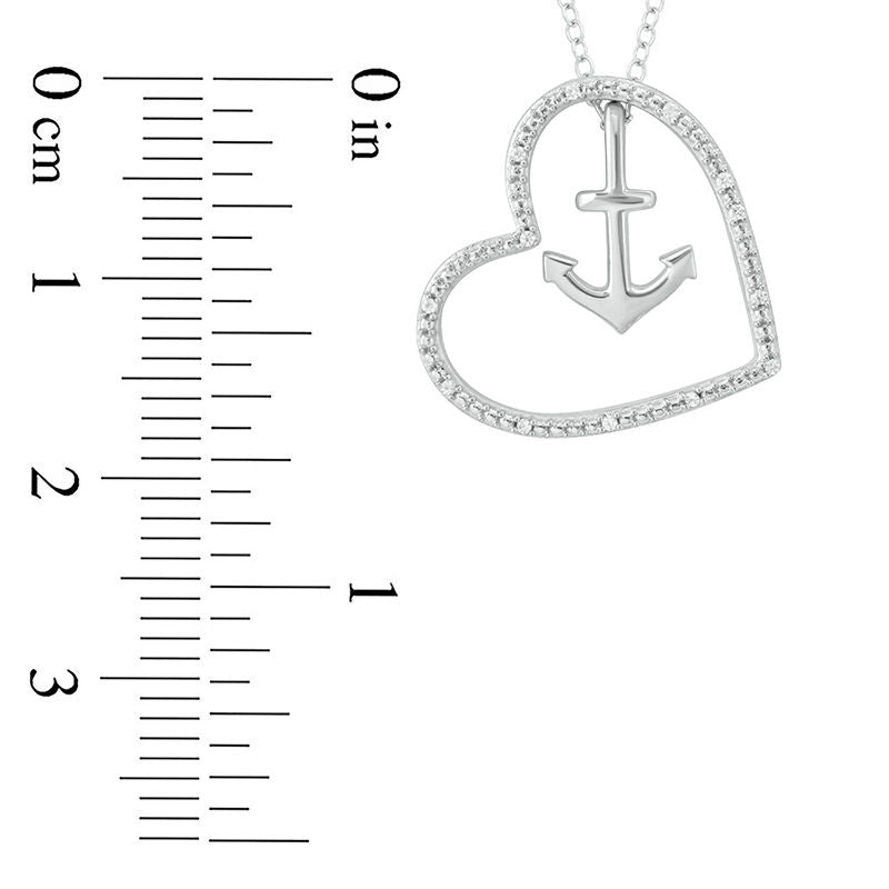 Natural Diamond Accent Tilted Heart Outline with Anchor Pendant in Sterling Silver