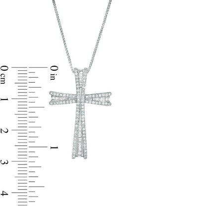 0.63 CT. T.W. Baguette and Round Natural Diamond Flared Cross Pendant in Sterling Silver