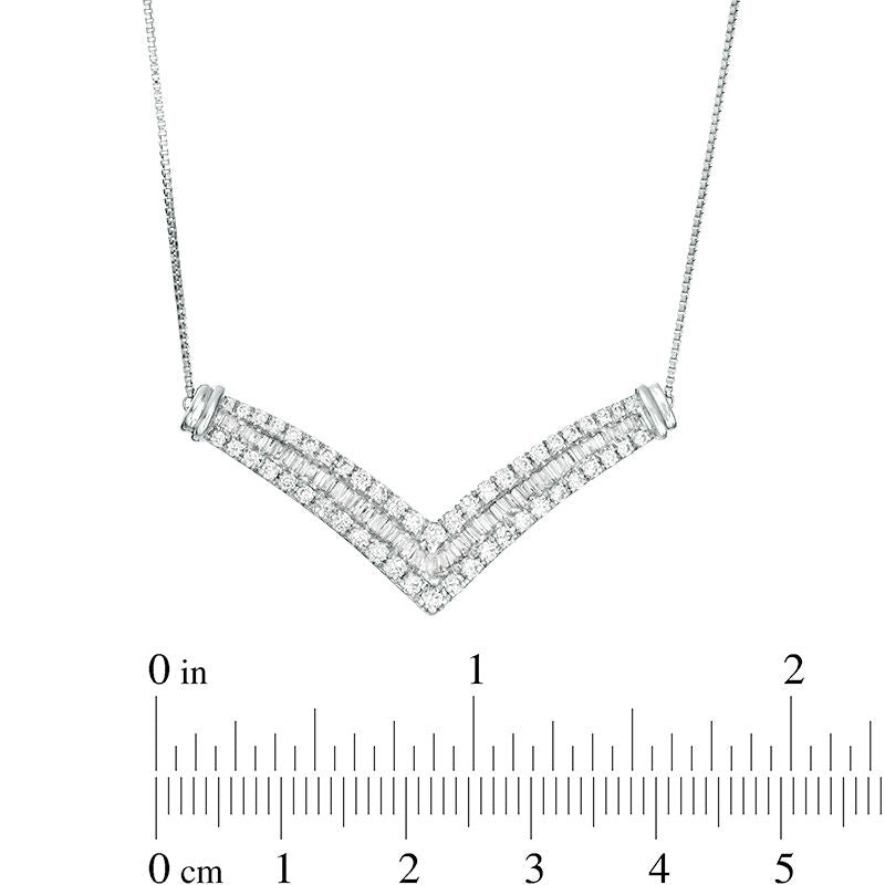 1 CT. T.W. Baguette and Round Natural Diamond Multi-Row Chevron Necklace in 10K White Gold
