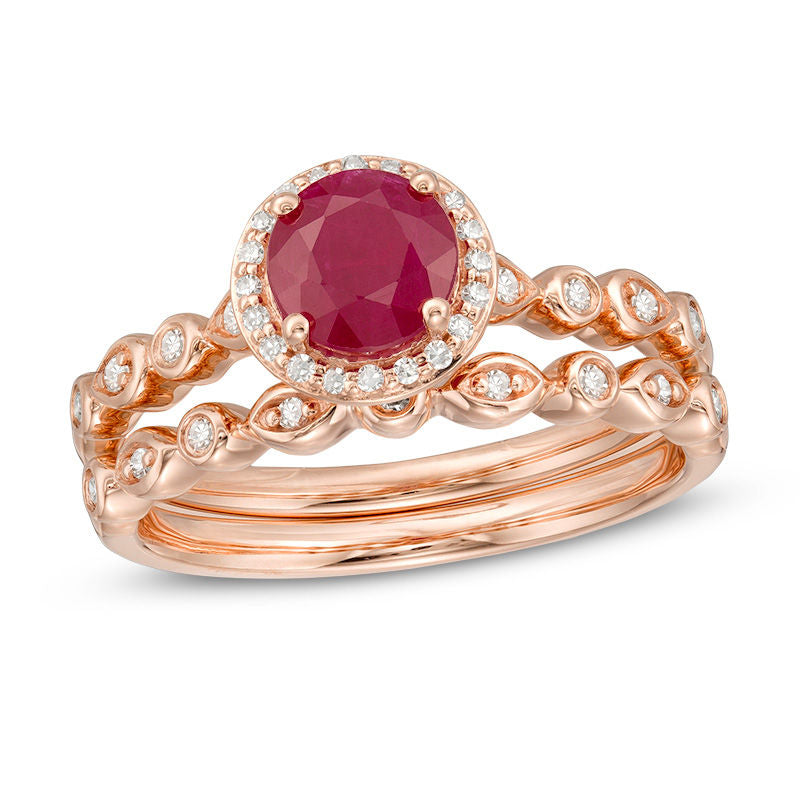 6.0mm Ruby and 1/5 CT. T.W. Diamond Frame Geometric Shank Bridal Engagement Ring Set in 14K Rose Gold