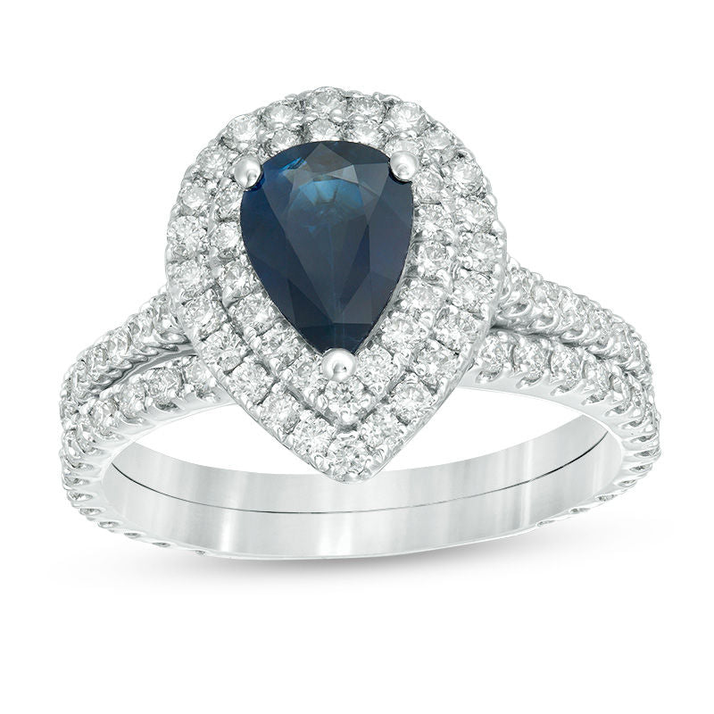 Pear-Shaped Blue Sapphire and 1 CT. T.W. Diamond Double Frame Bridal Engagement Ring Set in 14K White Gold