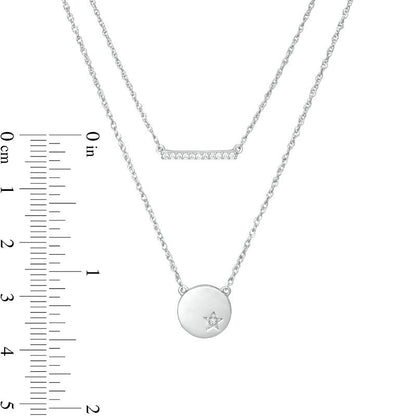 0.07 CT. T.W. Natural Diamond Bar and Disc with Star Double Strand Necklace in Sterling Silver - 20"