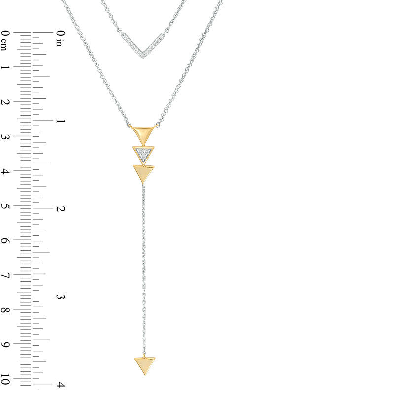 0.13 CT. T.W. Natural Diamond Chevron and Triangle Double Strand "Y" Necklace in Sterling Silver and 10K Yellow Gold - 21.5"