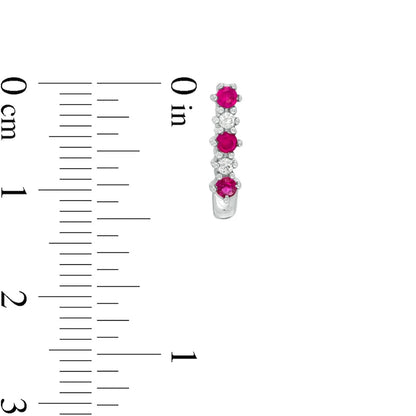 Ruby and 0.05 CT. T.W. Diamond Three Stone Alternating J-Hoop Earrings in 14K White Gold