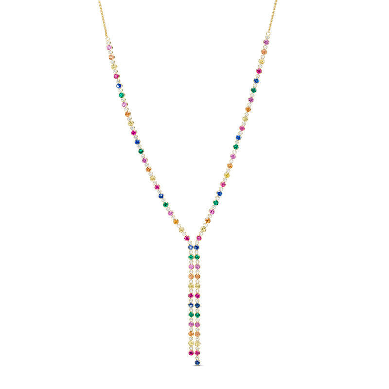 Lab-Created Multi-Color Sapphire, Ruby and Emerald Bolo Necklace in Sterling Silver with 18K Gold Plate - 26"