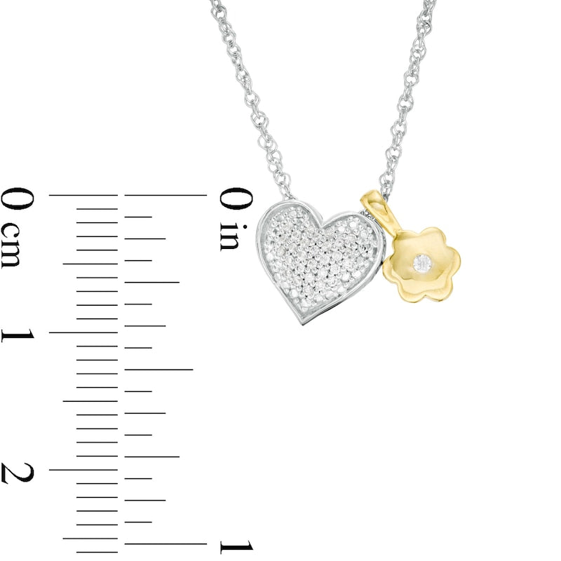 0.1 CT. T.W. Natural Diamond Heart and Flower Charm Pendant in Sterling Silver and 10K Yellow Gold