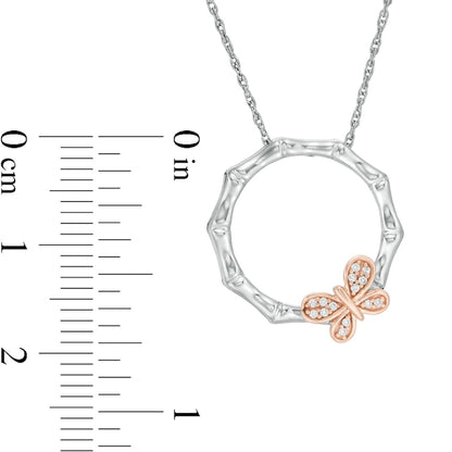 0.07 CT. T.W. Natural Diamond Bamboo Circle with Butterfly Necklace in Sterling Silver and 10K Rose Gold