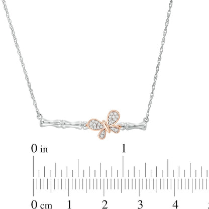 Natural Diamond Accent Sideways Bamboo Stick with Butterfly Necklace in Sterling Silver and 10K Rose Gold