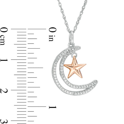 0.07 CT. T.W. Natural Diamond Crescent Moon Outline with Star Pendant in Sterling Silver and 10K Rose Gold