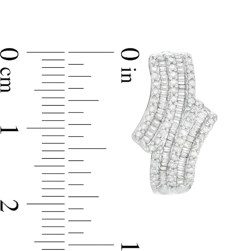 1.25 CT. T.W. Baguette and Round Diamond Multi-Row Bypass Hoop Earrings in 10K White Gold