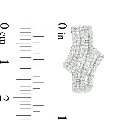1.25 CT. T.W. Baguette and Round Diamond Multi-Row Bypass Hoop Earrings in 10K White Gold