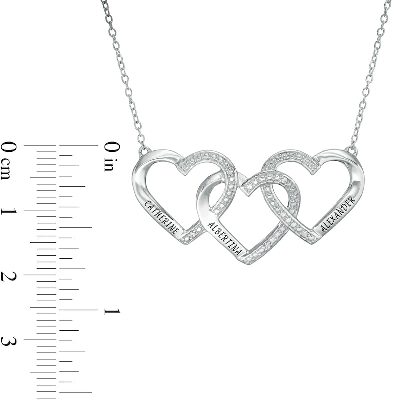 Mother's Natural Diamond Accent Beaded Engravable Interlocking Hearts Trio Necklace in Sterling Silver (3 Lines)