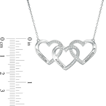 Mother's Natural Diamond Accent Beaded Engravable Interlocking Hearts Trio Necklace in Sterling Silver (3 Lines)