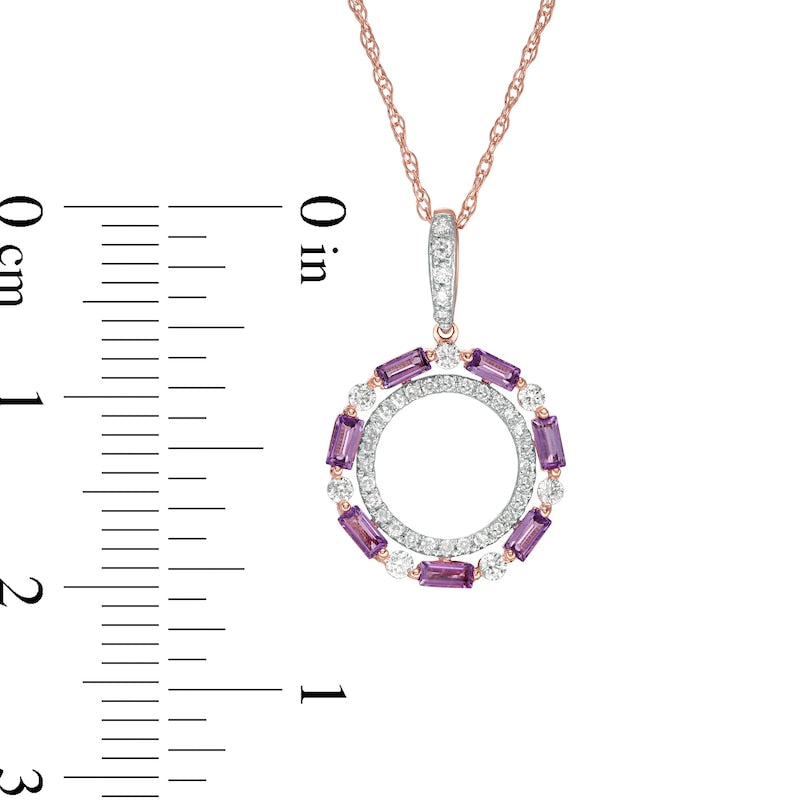 Baguette-Cut Amethyst and 0.17 CT. T.W. Natural Diamond Double Circle Pendant in 10K Rose Gold