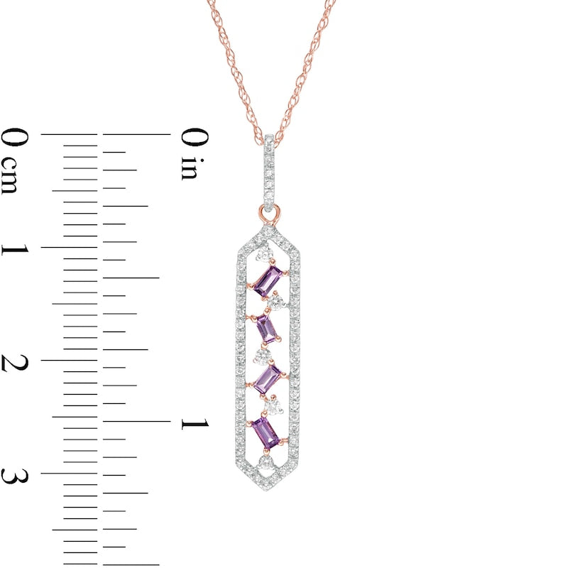 Baguette-Cut Amethyst and 0.17 CT. T.W. Natural Diamond Elongated Hexagon Pendant in 10K Rose Gold